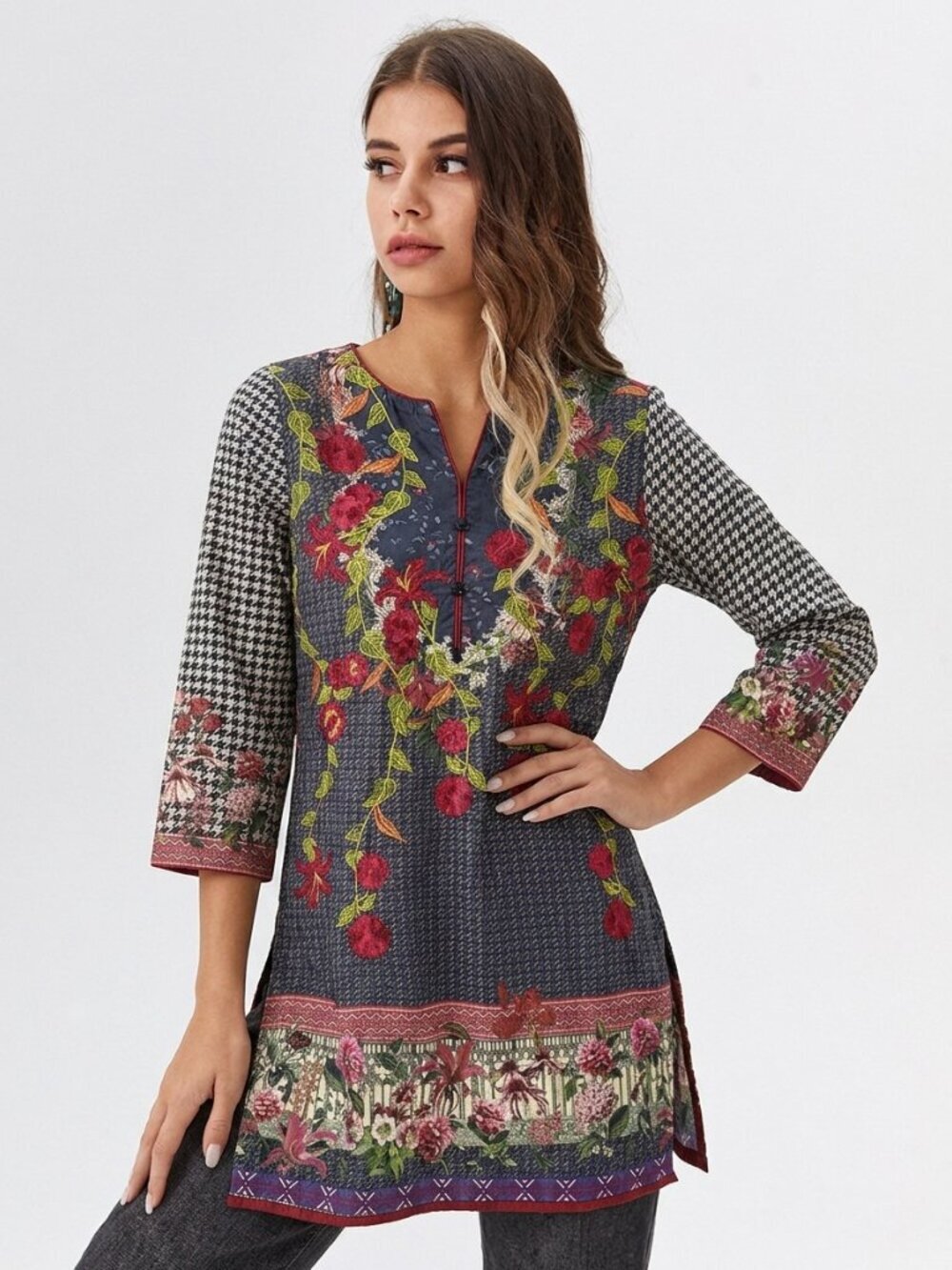 Ethnic By Outfitters Floral Printed & Embroidered Houndstooth Boho Tunic Kurta
